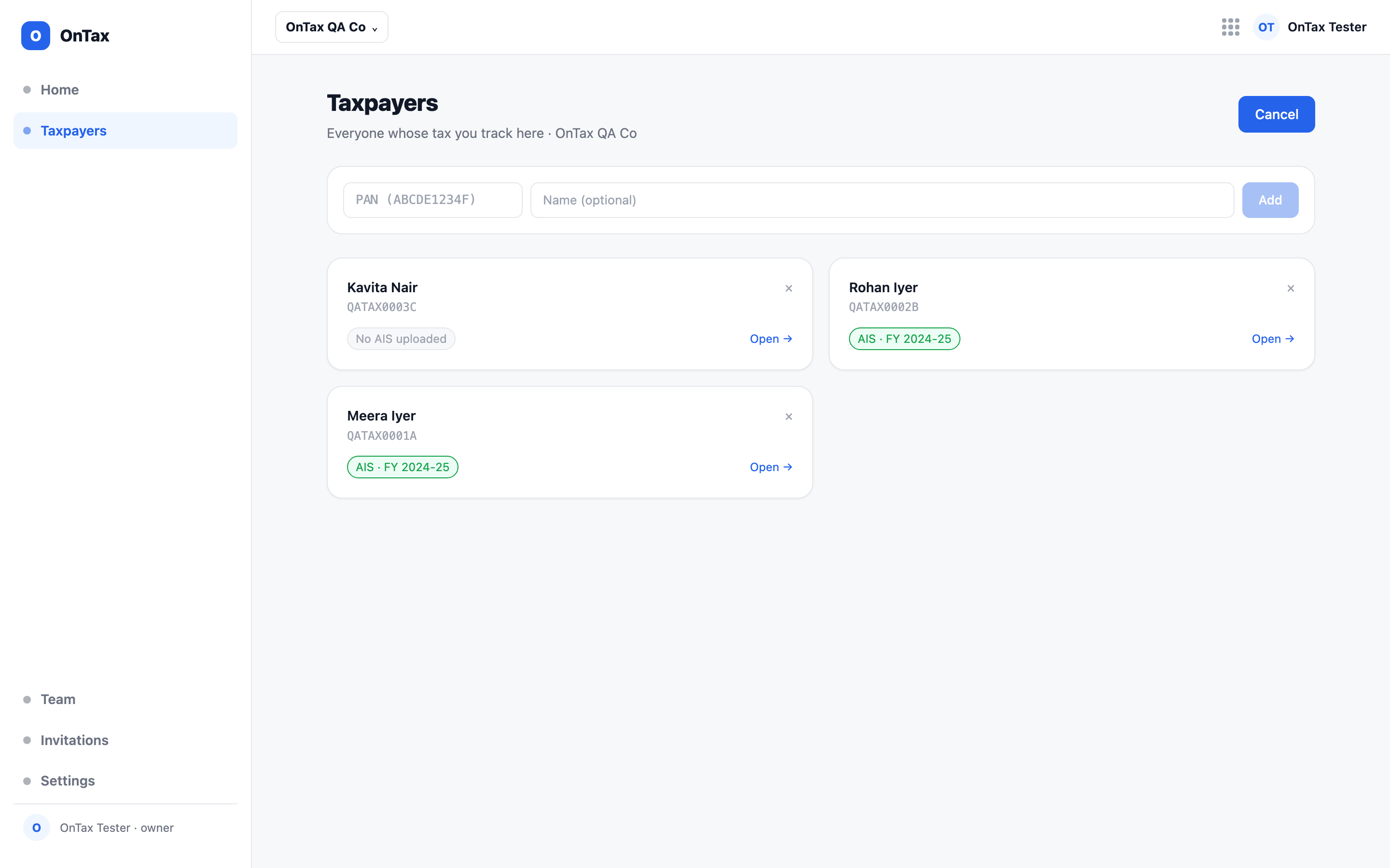 Taxpayers — one card per person in the workspace, with the Add taxpayer form open and AIS status on each card